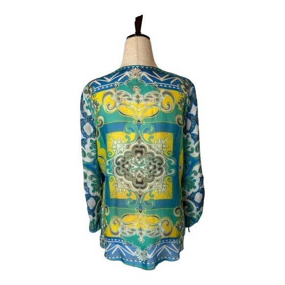 Hale Bob Shirt Women Small Green Blue Silk Beaded V Neck Ruched Sleeve Blouse - Picture 2 of 12